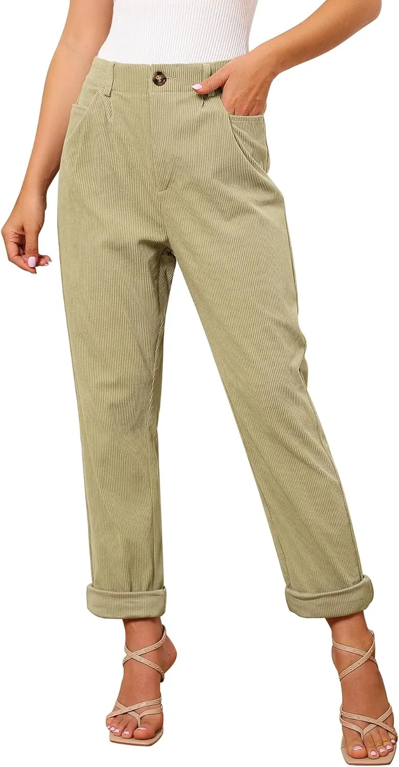 GRAPENT Corduroy Pleated Pants for Women Casual Stretchy High Waisted Straight Leg Trousers Loose Fit Slacks with Pockets