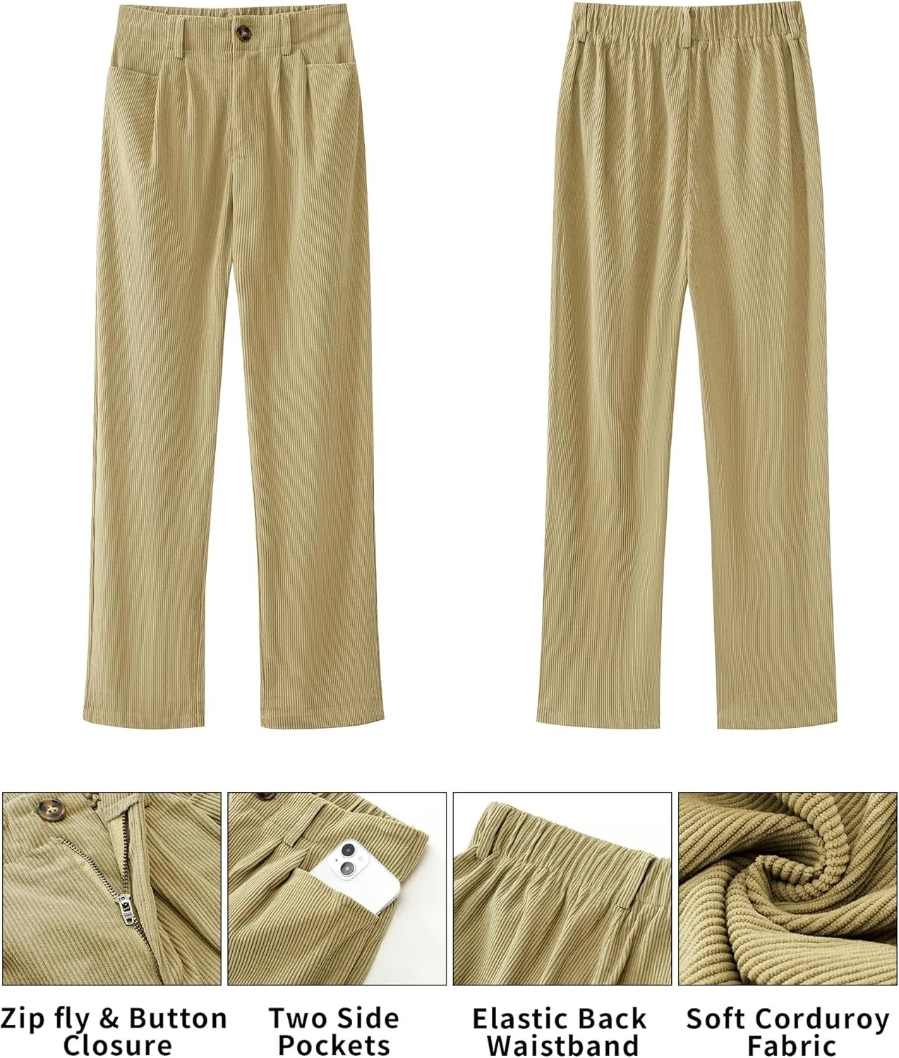GRAPENT Corduroy Pleated Pants for Women Casual Stretchy High Waisted Straight Leg Trousers Loose Fit Slacks with Pockets