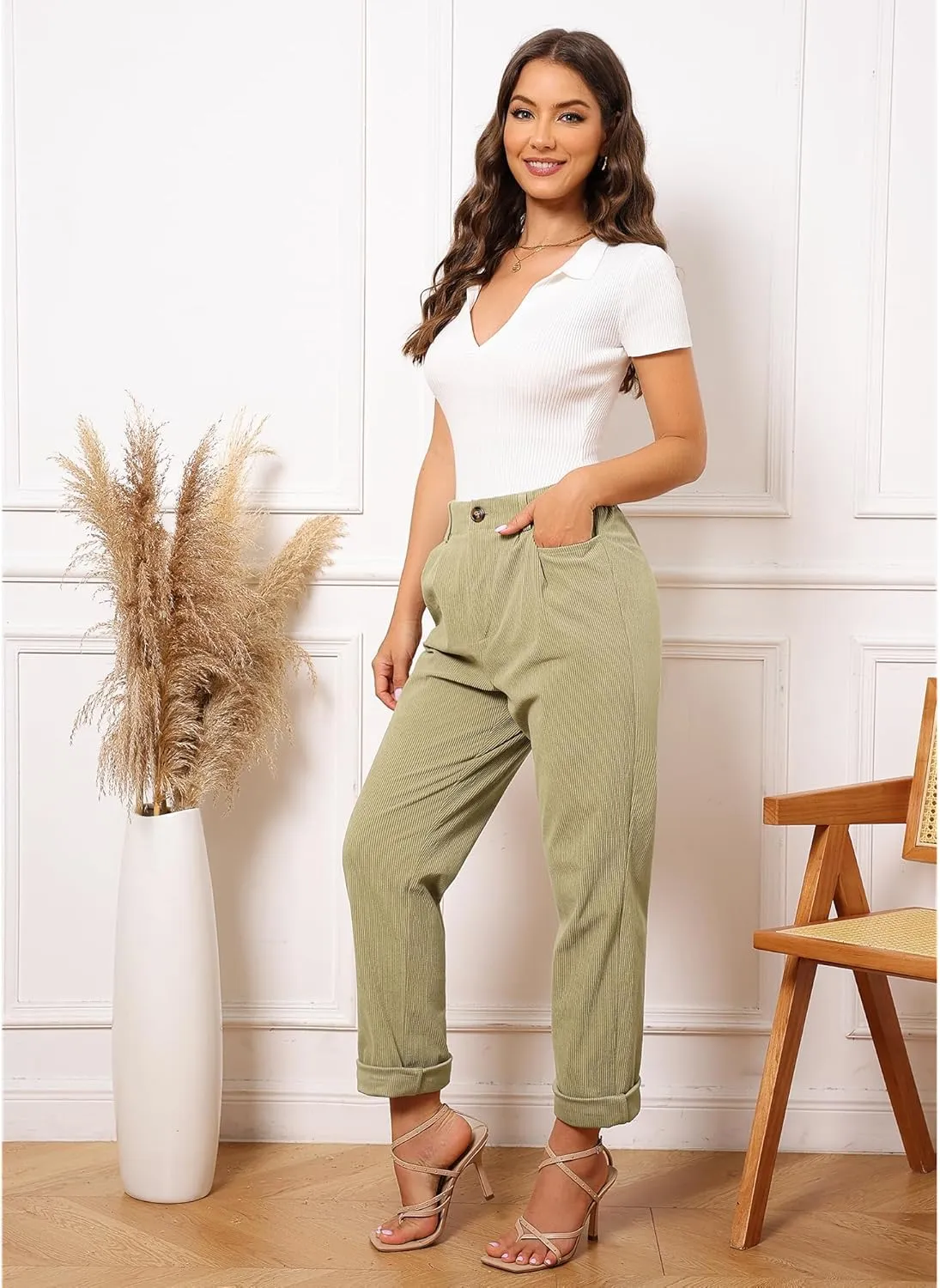 GRAPENT Corduroy Pleated Pants for Women Casual Stretchy High Waisted Straight Leg Trousers Loose Fit Slacks with Pockets