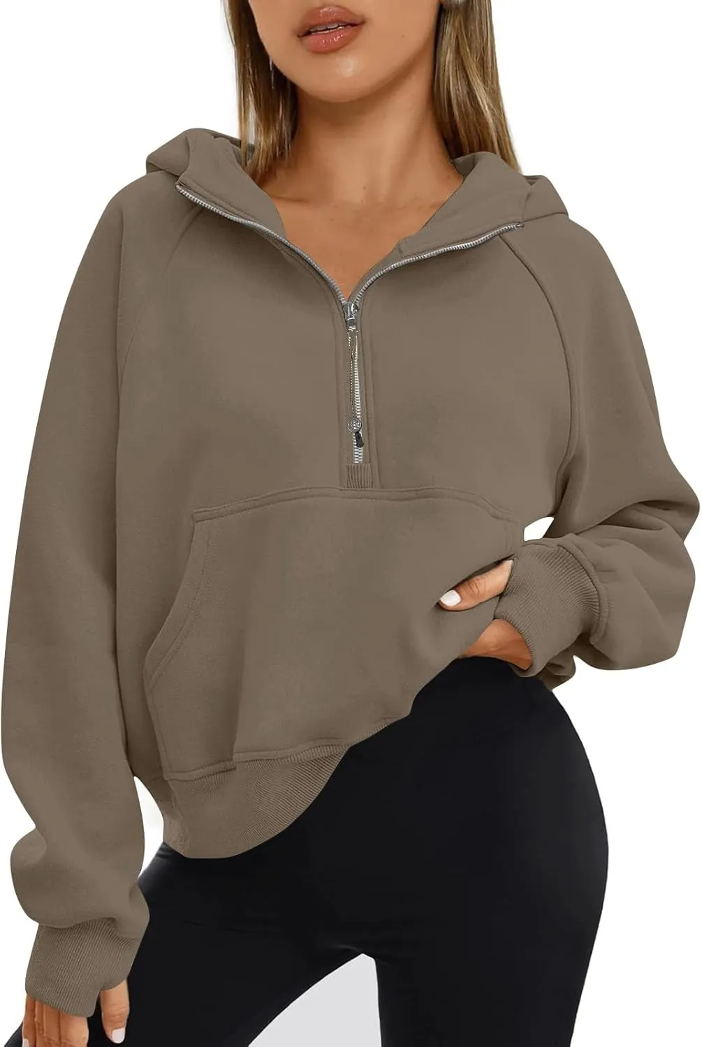 Half Zip Pullover Women Fleece Zip Up Hoodies Fall Oversized Sweatshirt Trendy Y2k Cropped Sweater with Thumb Hole