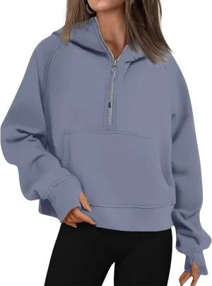 Half Zip Pullover Women Fleece Zip Up Hoodies Fall Oversized Sweatshirt Trendy Y2k Cropped Sweater with Thumb Hole