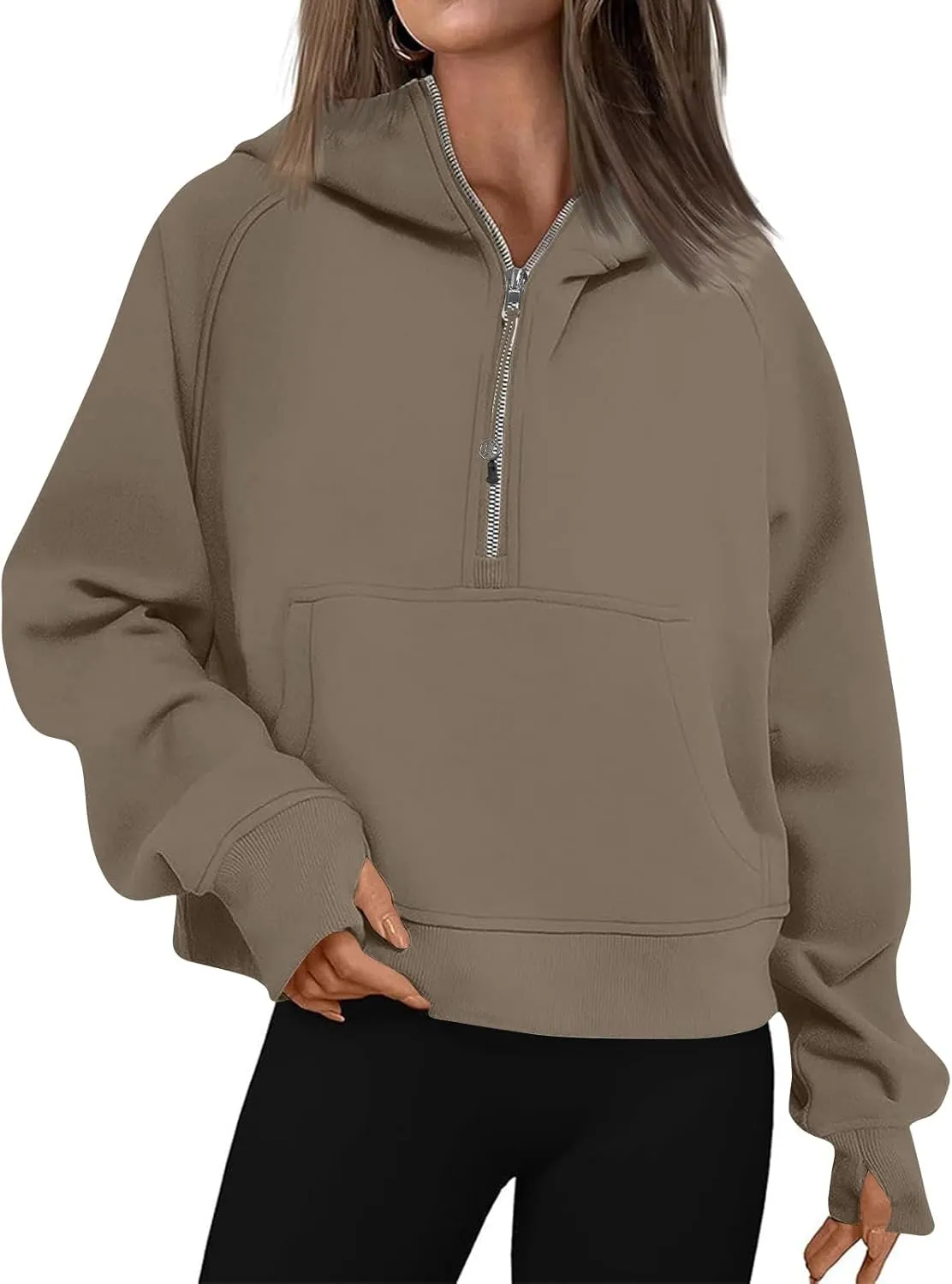 Half Zip Pullover Women Fleece Zip Up Hoodies Fall Oversized Sweatshirt Trendy Y2k Cropped Sweater with Thumb Hole