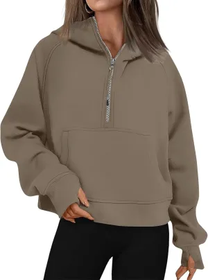 Half Zip Pullover Women Fleece Zip Up Hoodies Fall Oversized Sweatshirt Trendy Y2k Cropped Sweater with Thumb Hole