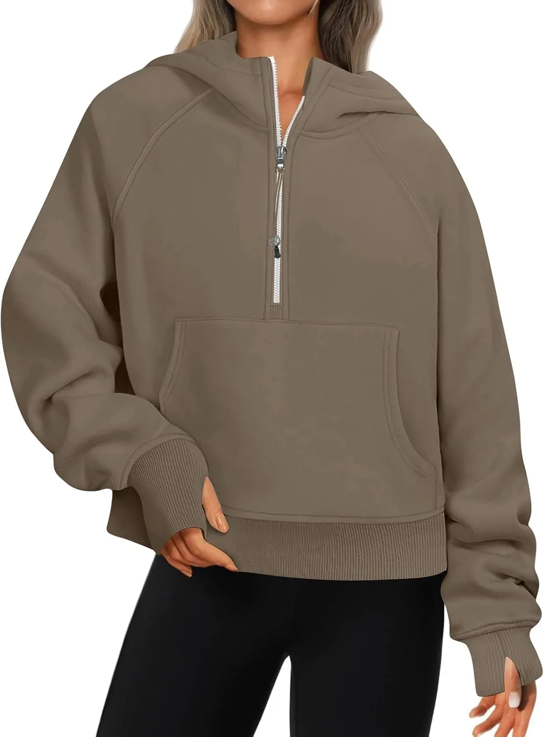 Half Zip Pullover Women Fleece Zip Up Hoodies Fall Oversized Sweatshirt Trendy Y2k Cropped Sweater with Thumb Hole