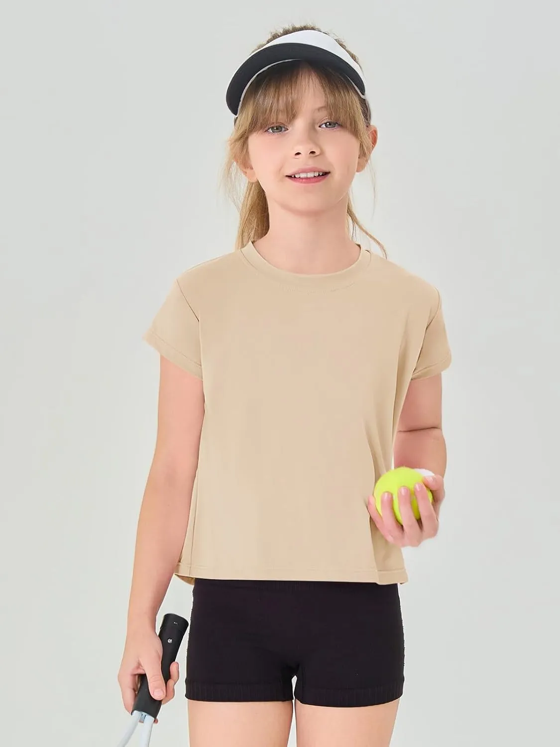 Haloumoning Girls Loose Athletic Shirts Short Sleeve Crop Tops Kids Quick Dry Gym Yoga Tees 5-14 Years
