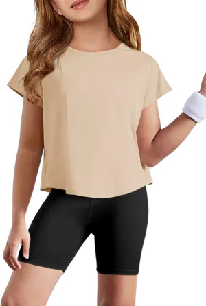 Haloumoning Girls Loose Athletic Shirts Short Sleeve Crop Tops Kids Quick Dry Gym Yoga Tees 5-14 Years