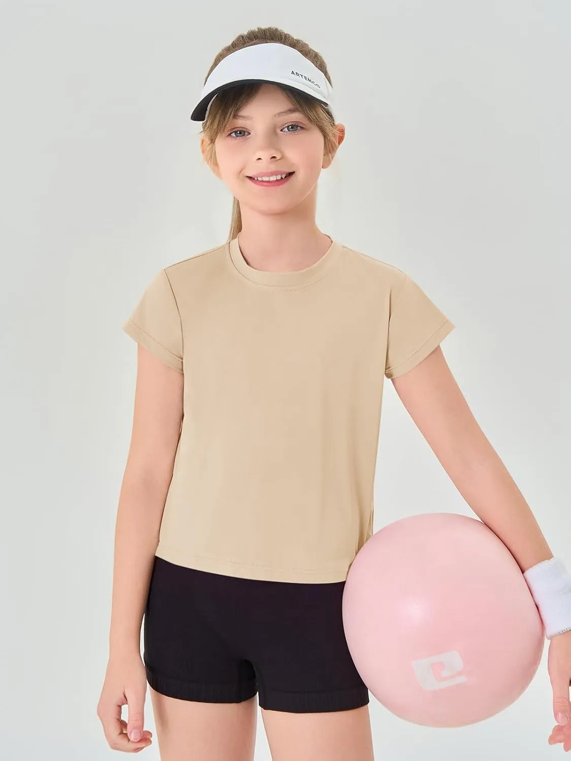 Haloumoning Girls Loose Athletic Shirts Short Sleeve Crop Tops Kids Quick Dry Gym Yoga Tees 5-14 Years