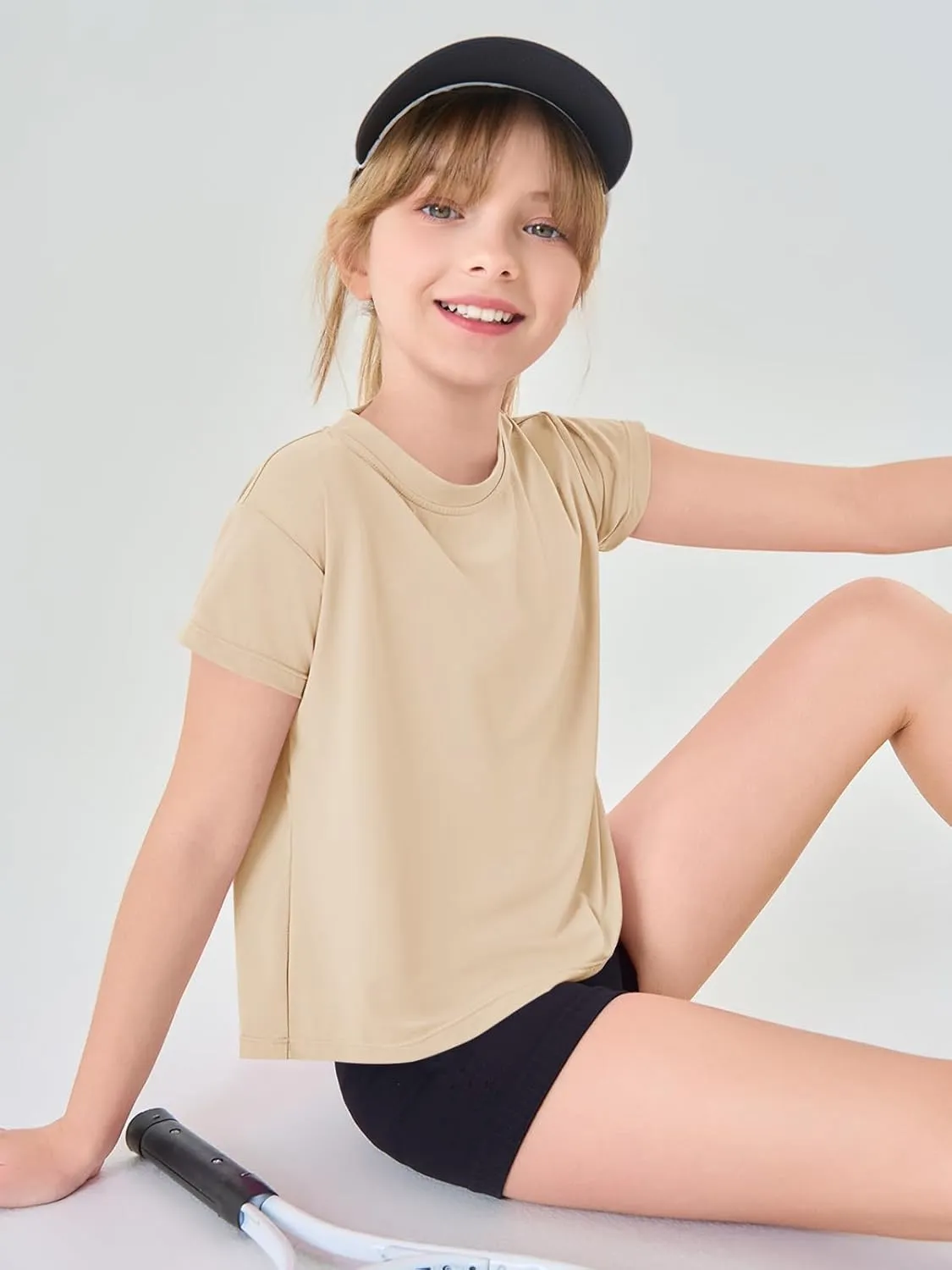Haloumoning Girls Loose Athletic Shirts Short Sleeve Crop Tops Kids Quick Dry Gym Yoga Tees 5-14 Years