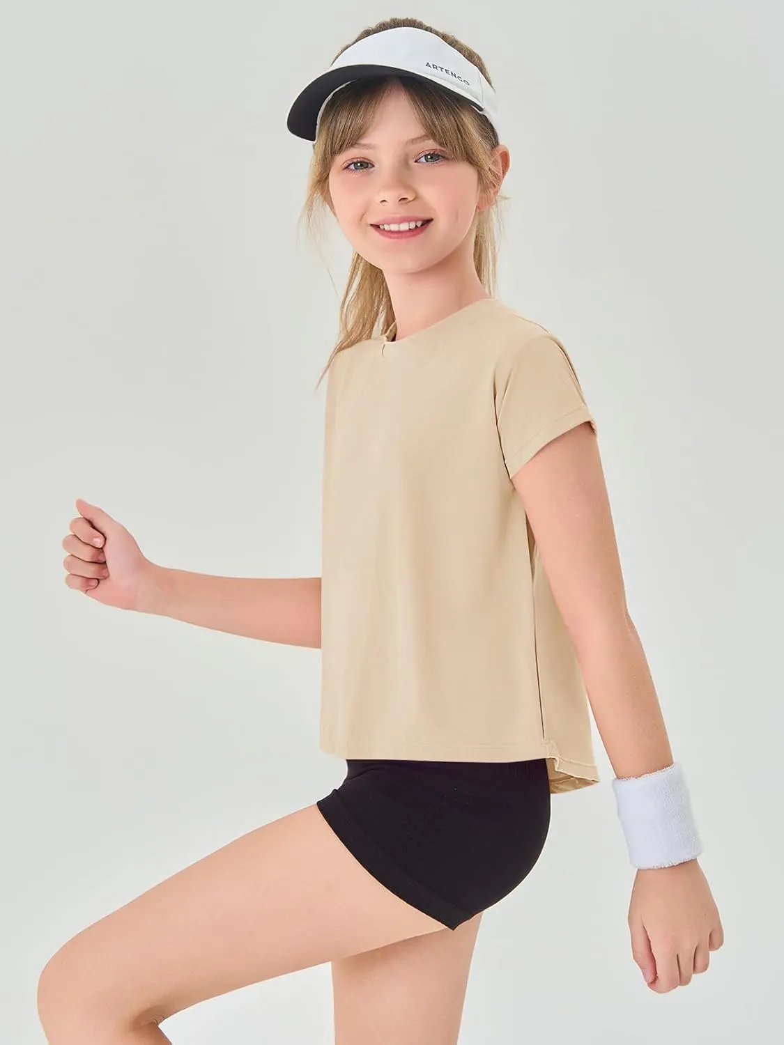 Haloumoning Girls Loose Athletic Shirts Short Sleeve Crop Tops Kids Quick Dry Gym Yoga Tees 5-14 Years