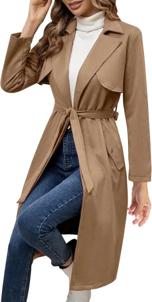 HGps8w Faux Suede Long Trench Coat for Women Dressy Belted Classic Lapel Oversized Windproof Overcoat Outerwear with Pockets