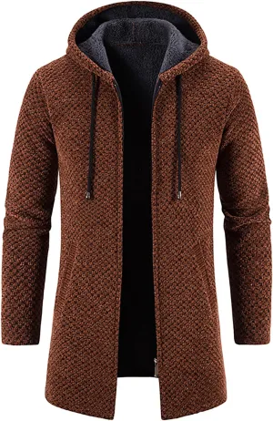 Hoodie For Men Big And Tall Hooded Plush Plaid Knitting Drawstring Coat Sweater Warm Solid Color Jackets Tops