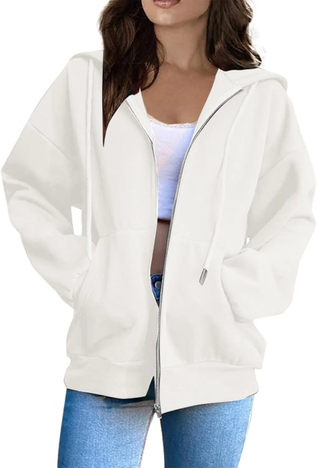 Hoodies for Women Long Sleeve Fall Fashion 2024 Oversized Zip Up Sweatshirts Solid Light Hoodie Jacket with Pockets