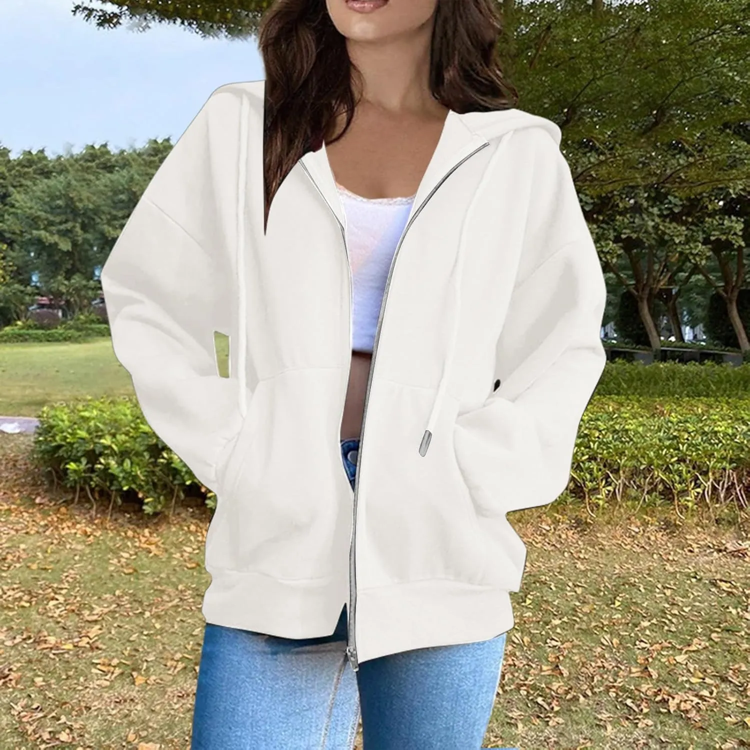 Hoodies for Women Long Sleeve Fall Fashion 2024 Oversized Zip Up Sweatshirts Solid Light Hoodie Jacket with Pockets
