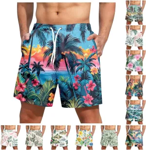 KUIOLYPOER Men's Hawaiian Beach Shorts Summer Casual Drawstring Quick Dry Holiday Tropical Print Shorts with Pockets