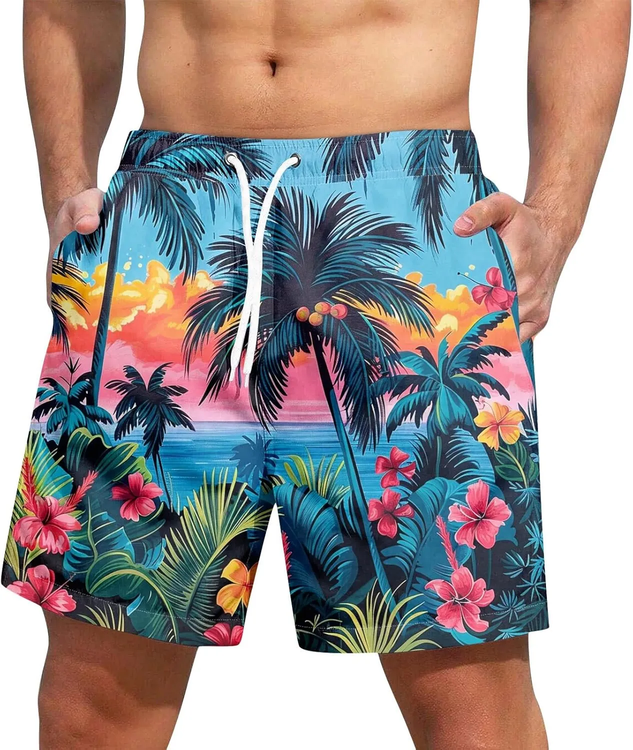 KUIOLYPOER Men's Hawaiian Beach Shorts Summer Casual Drawstring Quick Dry Holiday Tropical Print Shorts with Pockets