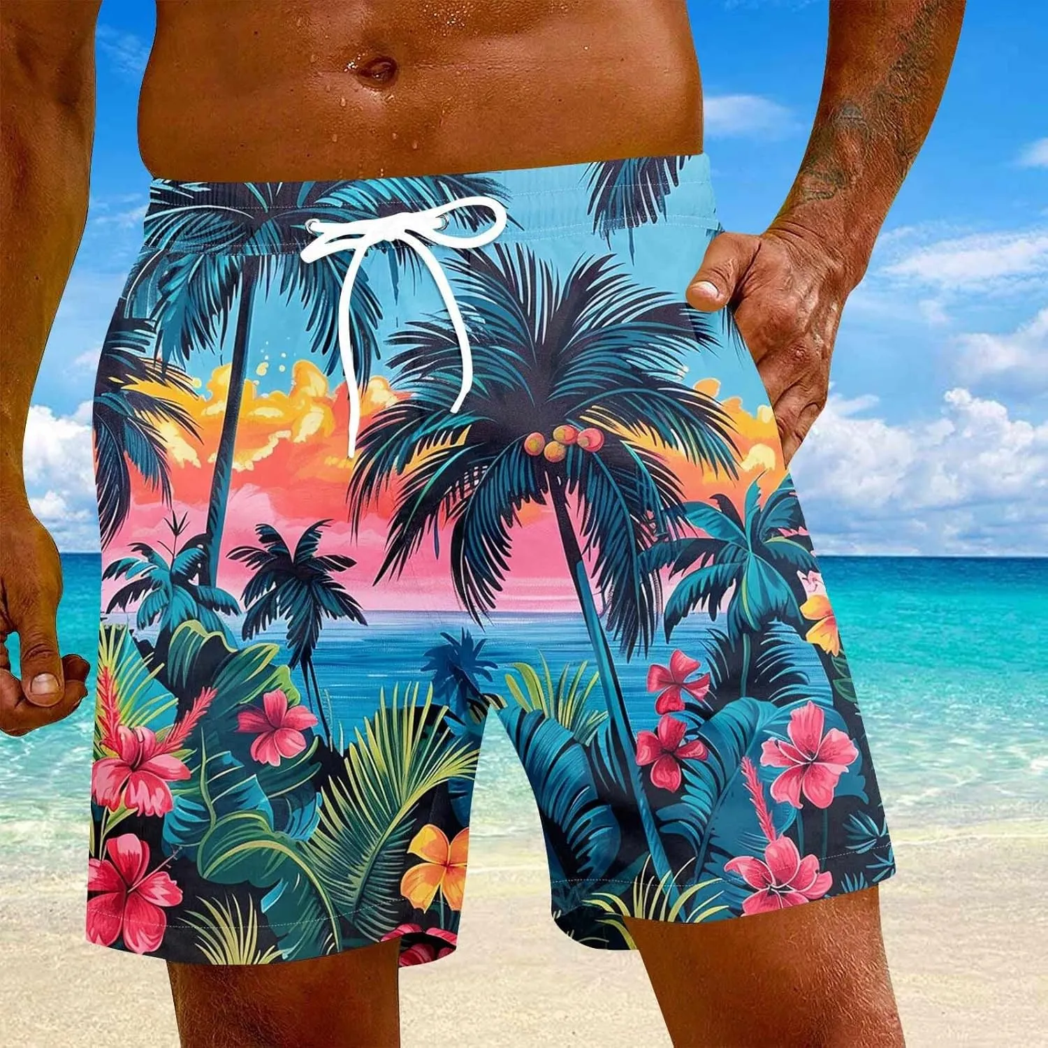 KUIOLYPOER Men's Hawaiian Beach Shorts Summer Casual Drawstring Quick Dry Holiday Tropical Print Shorts with Pockets