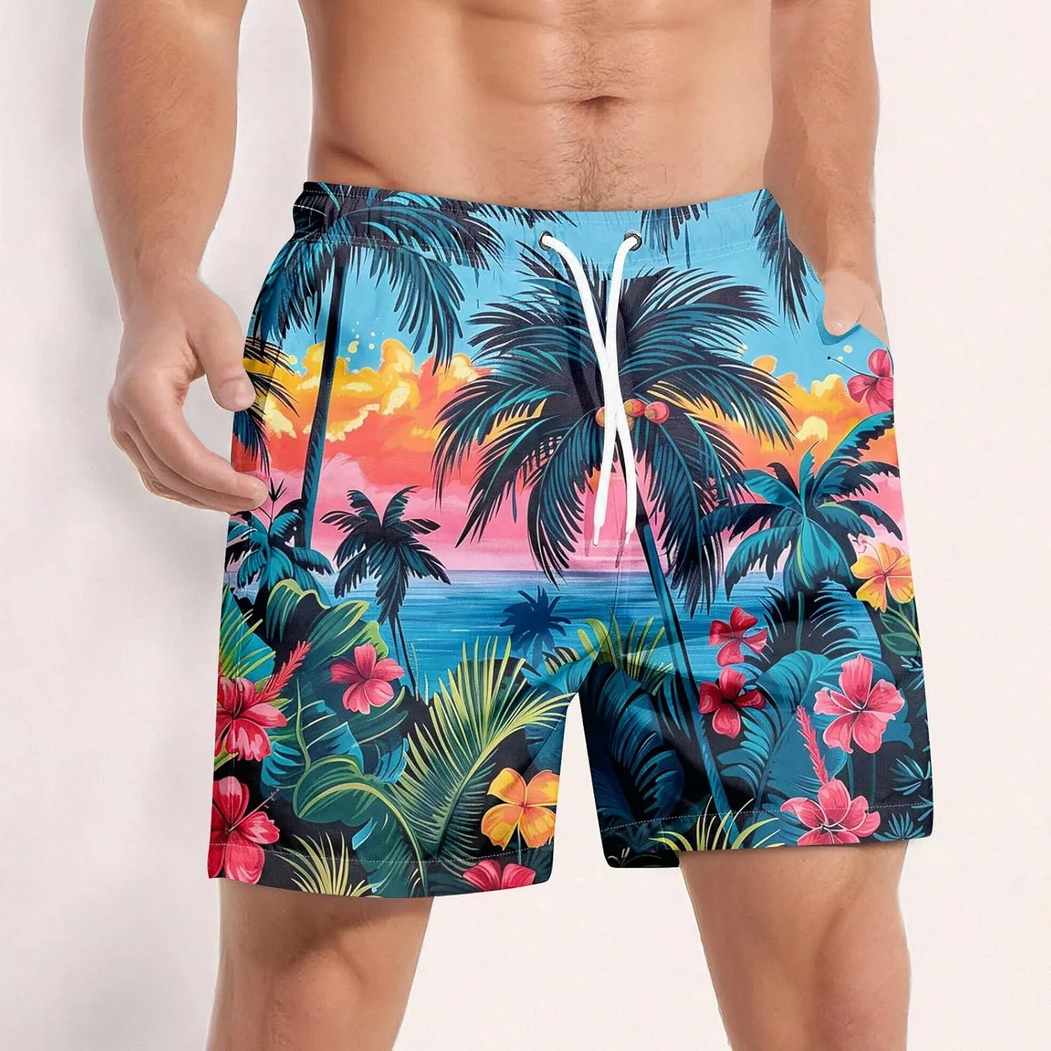 KUIOLYPOER Men's Hawaiian Beach Shorts Summer Casual Drawstring Quick Dry Holiday Tropical Print Shorts with Pockets