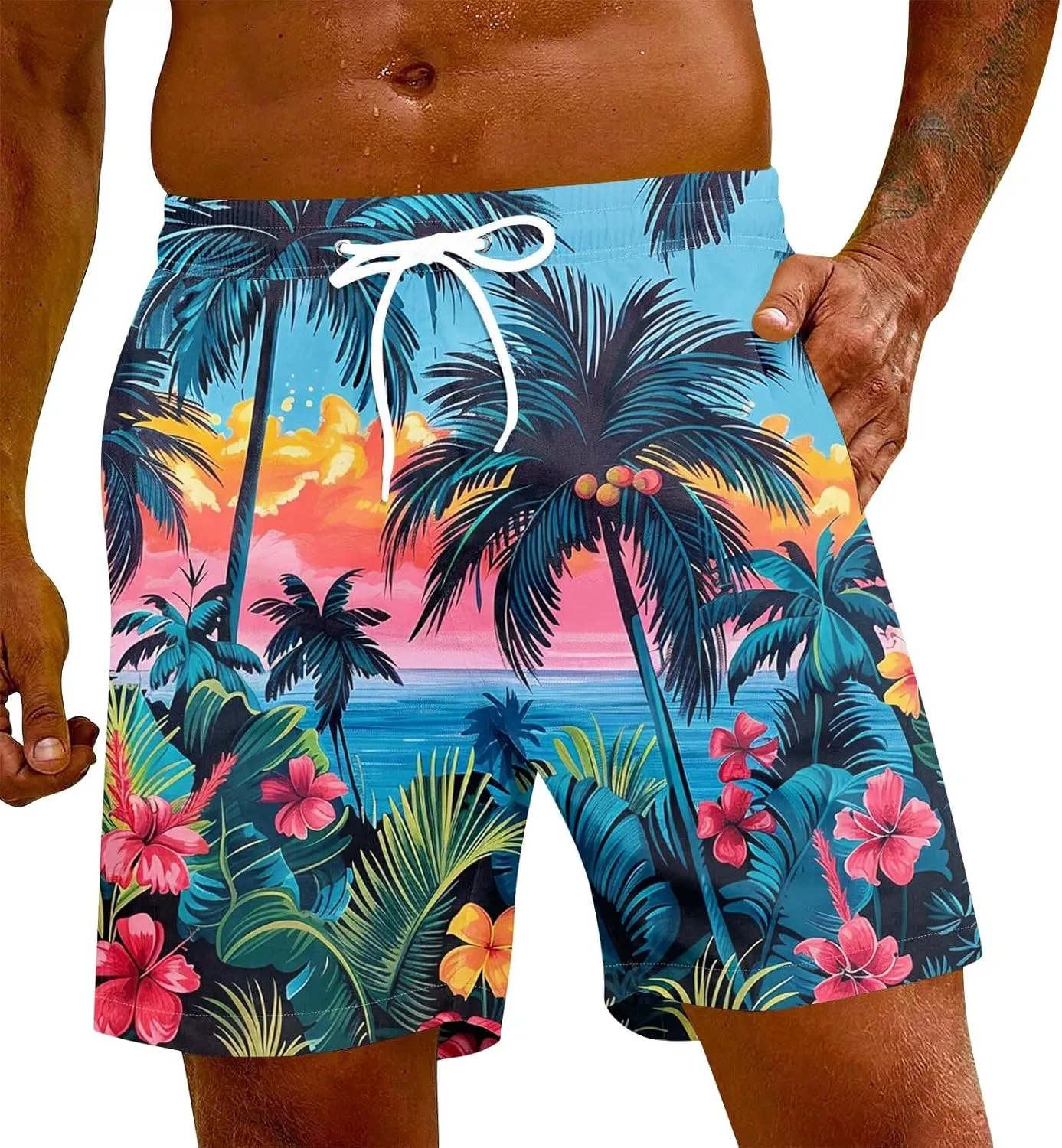 KUIOLYPOER Men's Hawaiian Beach Shorts Summer Casual Drawstring Quick Dry Holiday Tropical Print Shorts with Pockets
