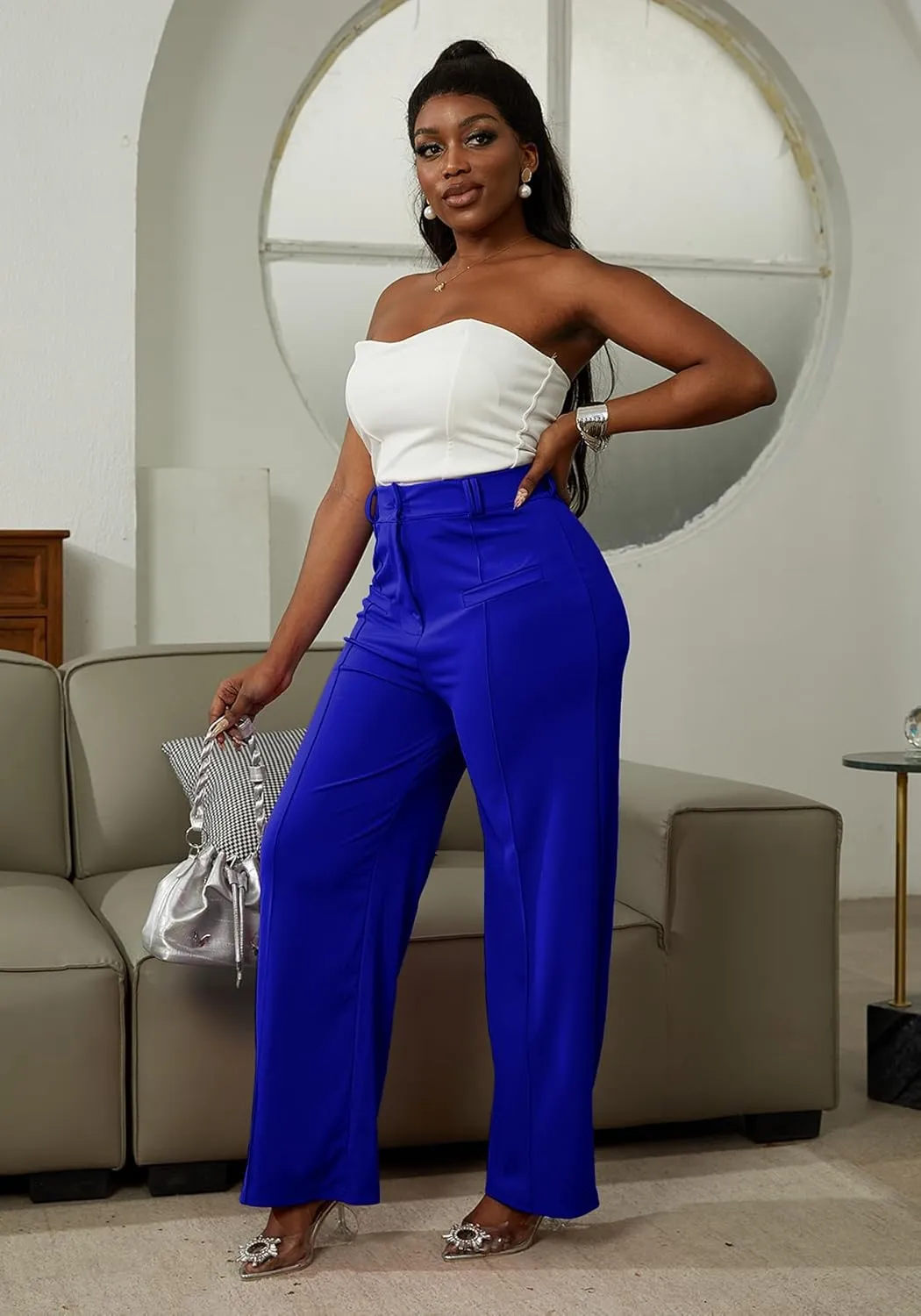 LAJIOJIO Wide Leg Dress Pants for Women Dressy Business Casual High Waisted Straight Leg Work Office Trousers Slacks