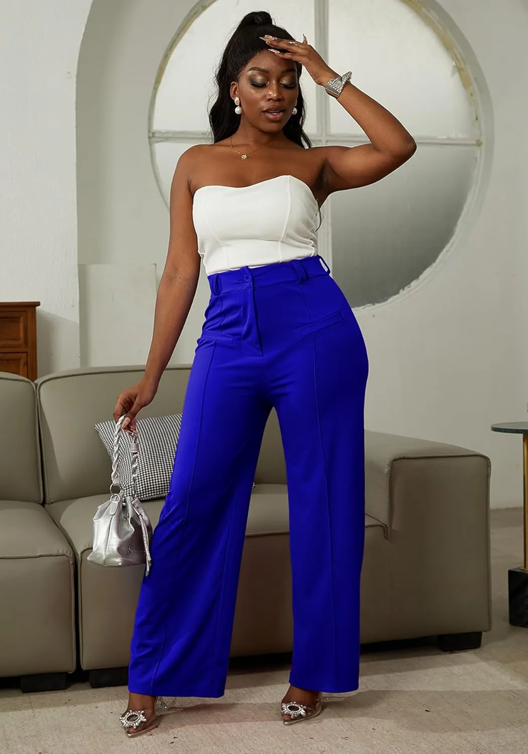 LAJIOJIO Wide Leg Dress Pants for Women Dressy Business Casual High Waisted Straight Leg Work Office Trousers Slacks