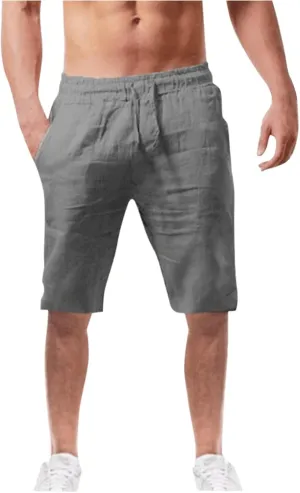 LEIYAN Mens Cotton Linen Shorts Casual Stretch Waist Drawstring Capri Yoga Shorts Active Workout Lounge Shorts Grey
