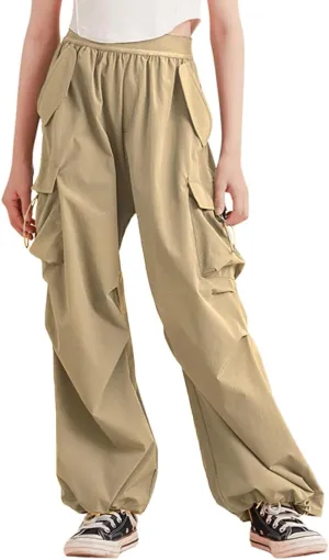 Lightweight Silky Jogger Pants for Girls Kids & Toddler Warm Weather Cargo Loose High Waisted Pants