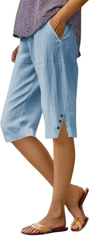 Linen Bermuda Shorts for Women Knee Length Lightweight Capri Pants Summer High Waisted Cotton Shorts with Pockets
