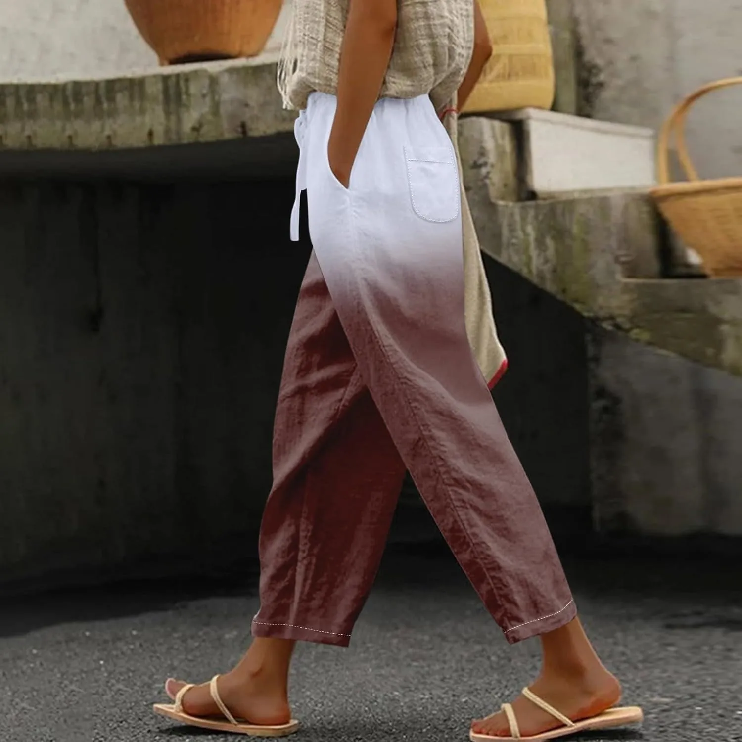 Linen Pants Women Petite 2025 Drawstring Pants Capri Pants 2025 Pants with Pockets Wide Leg Cropped Pants Linen