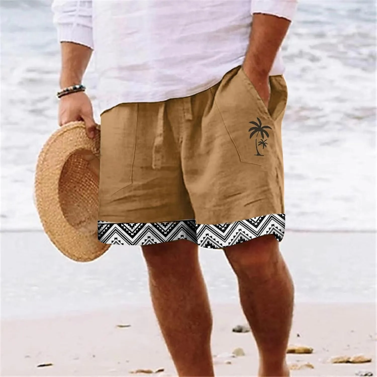 Linen Shorts for Men 11 Inch 3D Coconut Tree Printed Beach Trendy Shorts White Linen Shorts Men Big and Tall Mens