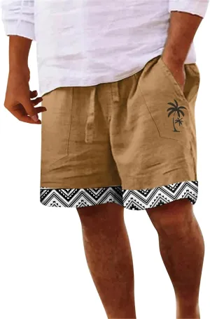 Linen Shorts for Men 11 Inch 3D Coconut Tree Printed Beach Trendy Shorts White Linen Shorts Men Big and Tall Mens
