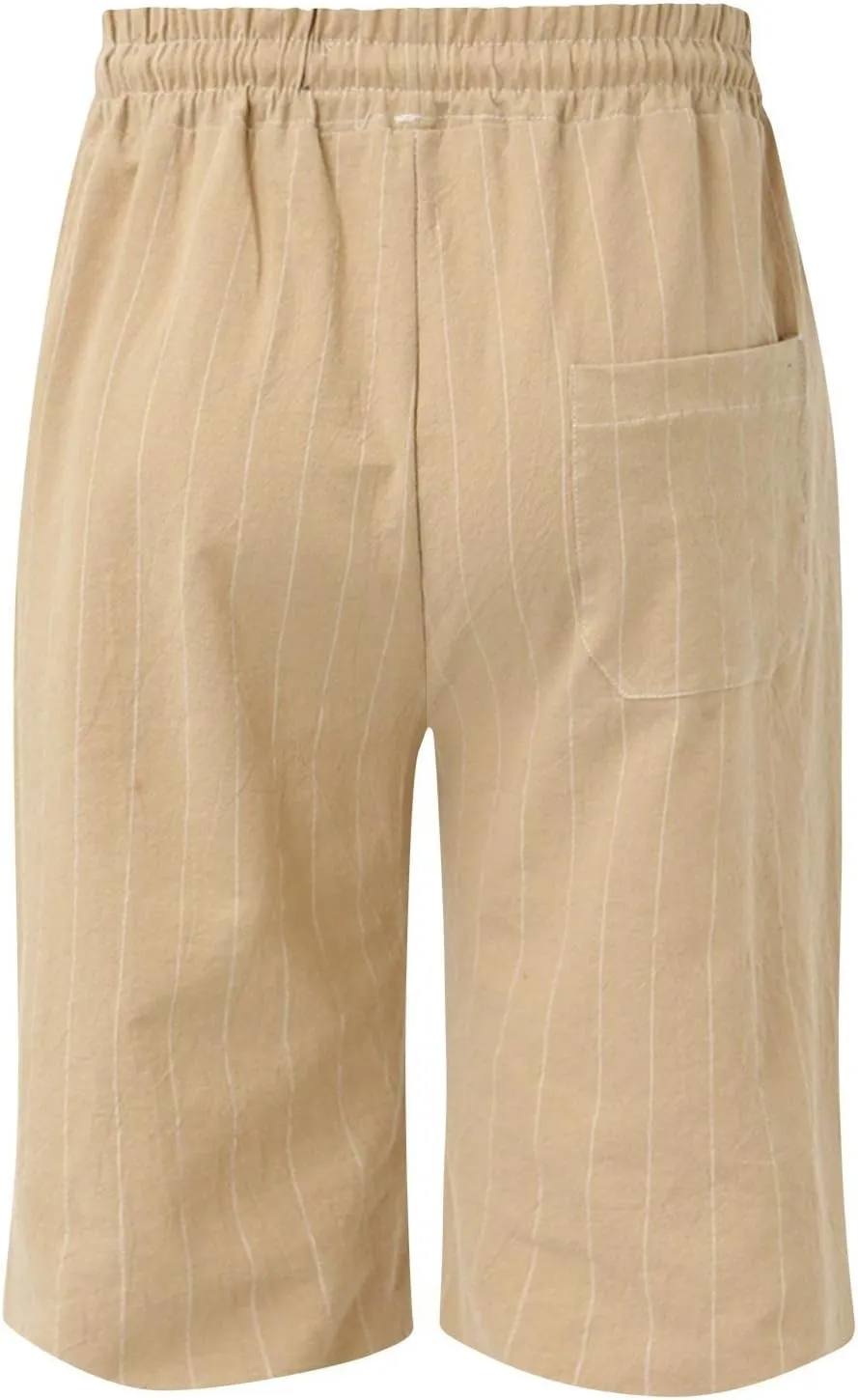 Linen Shorts for Men Casual Drawstring Loose Fit Summer Beach Shorts with Elastic Waist and Pockets