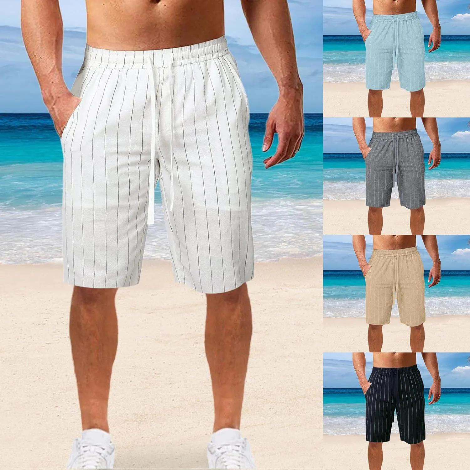 Linen Shorts for Men Casual Drawstring Loose Fit Summer Beach Shorts with Elastic Waist and Pockets