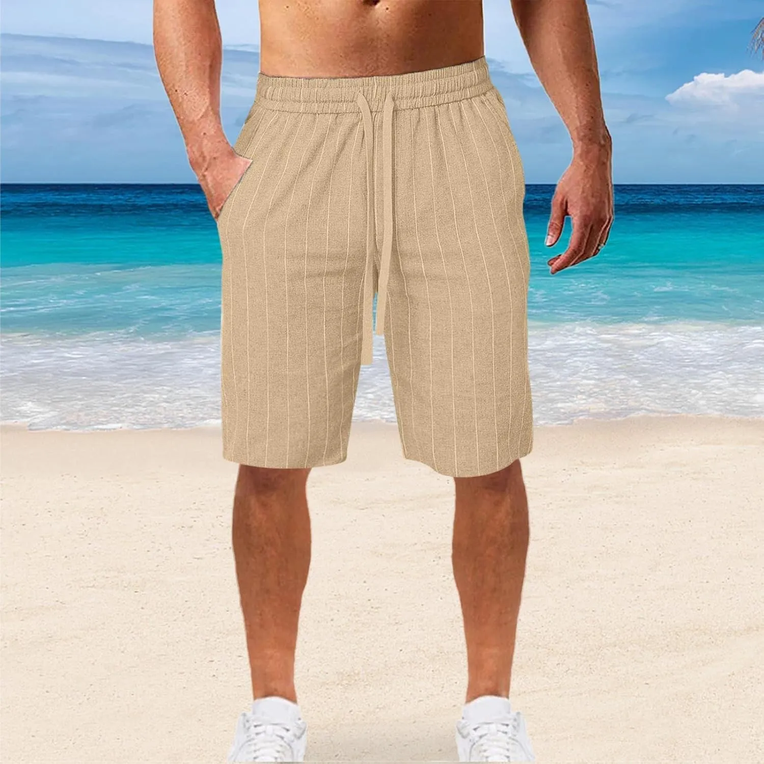 Linen Shorts for Men Casual Drawstring Loose Fit Summer Beach Shorts with Elastic Waist and Pockets