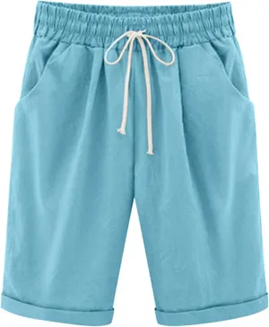 Linen Shorts for Women 2025 Summer Casual Elastic Waisted Rolled Hem Bermuda Shorts Solid Color Shorts with Pockets