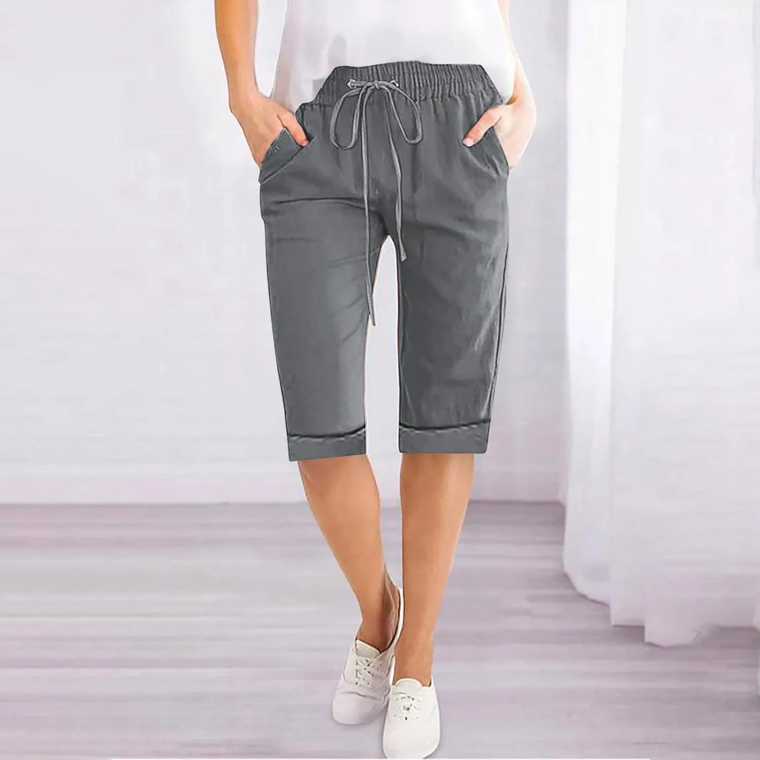 Linen Shorts for Women Casual Summer Drawstring Elastic Waist Pants with Pockets Comfy Bermuda Shorts Knee Length