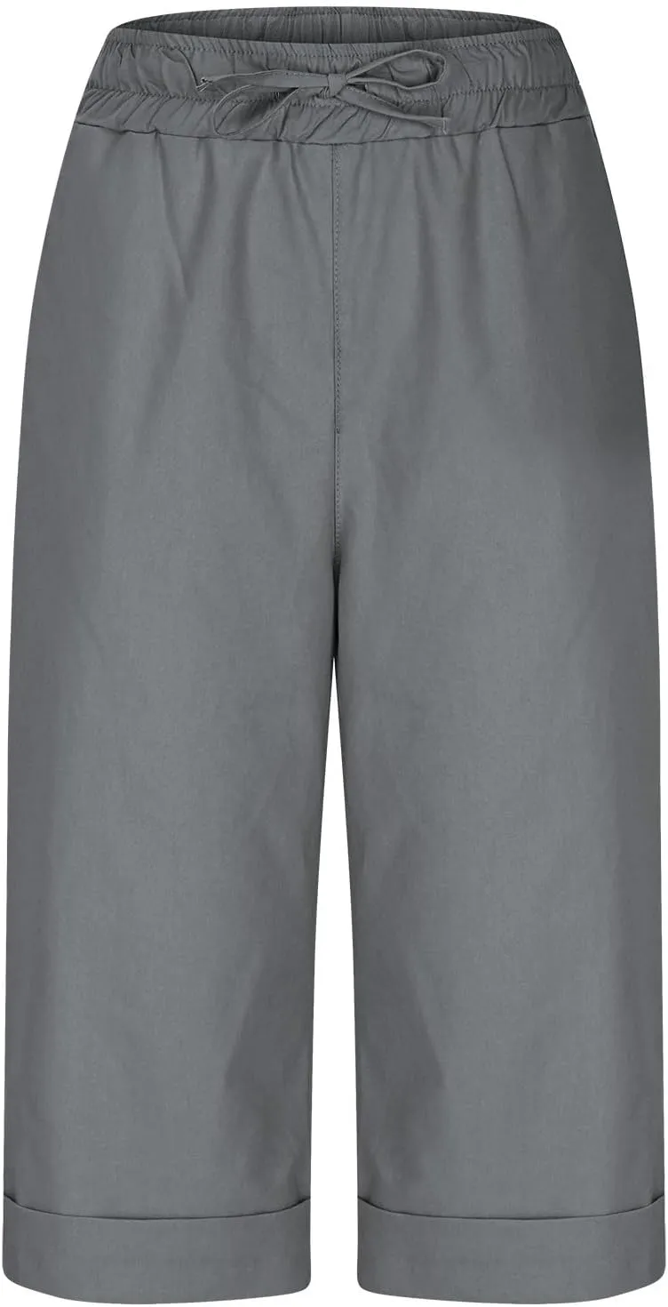 Linen Shorts for Women Casual Summer Drawstring Elastic Waist Pants with Pockets Comfy Bermuda Shorts Knee Length