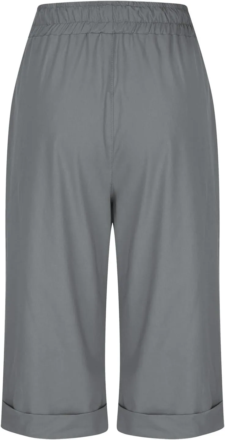 Linen Shorts for Women Casual Summer Drawstring Elastic Waist Pants with Pockets Comfy Bermuda Shorts Knee Length