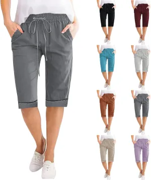 Linen Shorts for Women Casual Summer Drawstring Elastic Waist Pants with Pockets Comfy Bermuda Shorts Knee Length