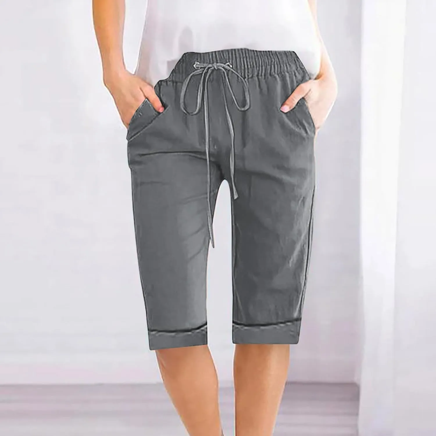 Linen Shorts for Women Casual Summer Drawstring Elastic Waist Pants with Pockets Comfy Bermuda Shorts Knee Length