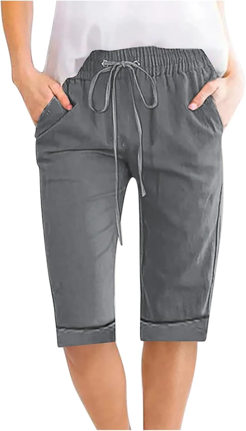 Linen Shorts for Women Casual Summer Drawstring Elastic Waist Pants with Pockets Comfy Bermuda Shorts Knee Length