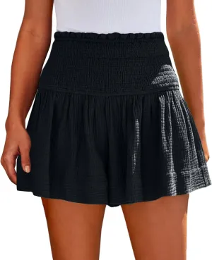 Linen Shorts for Women Casual Summer Smocked High Waisted Beach Shorts Flowy Lightweight Wide Leg Pull On Short
