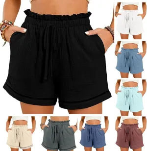 Linen Shorts for Women High Waisted Elastic Waist Summer Beach Shorts Casual Short Pants with Pockets