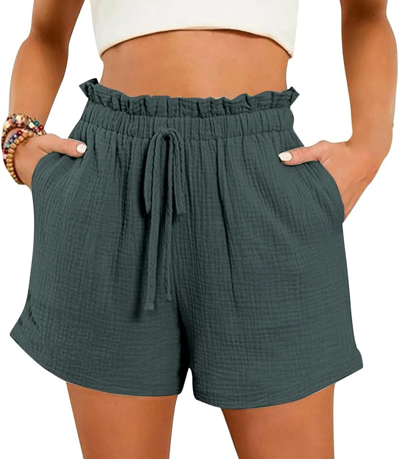 Linen Shorts for Women High Waisted Elastic Waist Summer Beach Shorts Casual Short Pants with Pockets