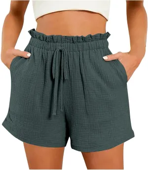 Linen Shorts for Women High Waisted Elastic Waist Summer Beach Shorts Casual Short Pants with Pockets