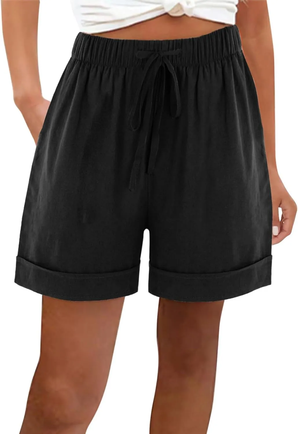 Linen Shorts for Women Summer Casual Drawstring Elastic Waist Lightweight Beach Vacation Lounge Shorts with Pockets
