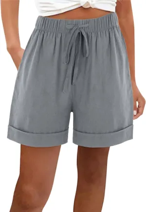 Linen Shorts for Women Summer Casual Drawstring Elastic Waist Lightweight Beach Vacation Lounge Shorts with Pockets