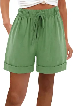 Linen Shorts for Women Summer Casual Drawstring Elastic Waist Lightweight Beach Vacation Lounge Shorts with Pockets