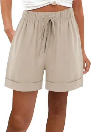 Linen Shorts for Women Summer Casual Drawstring Elastic Waist Lightweight Beach Vacation Lounge Shorts with Pockets
