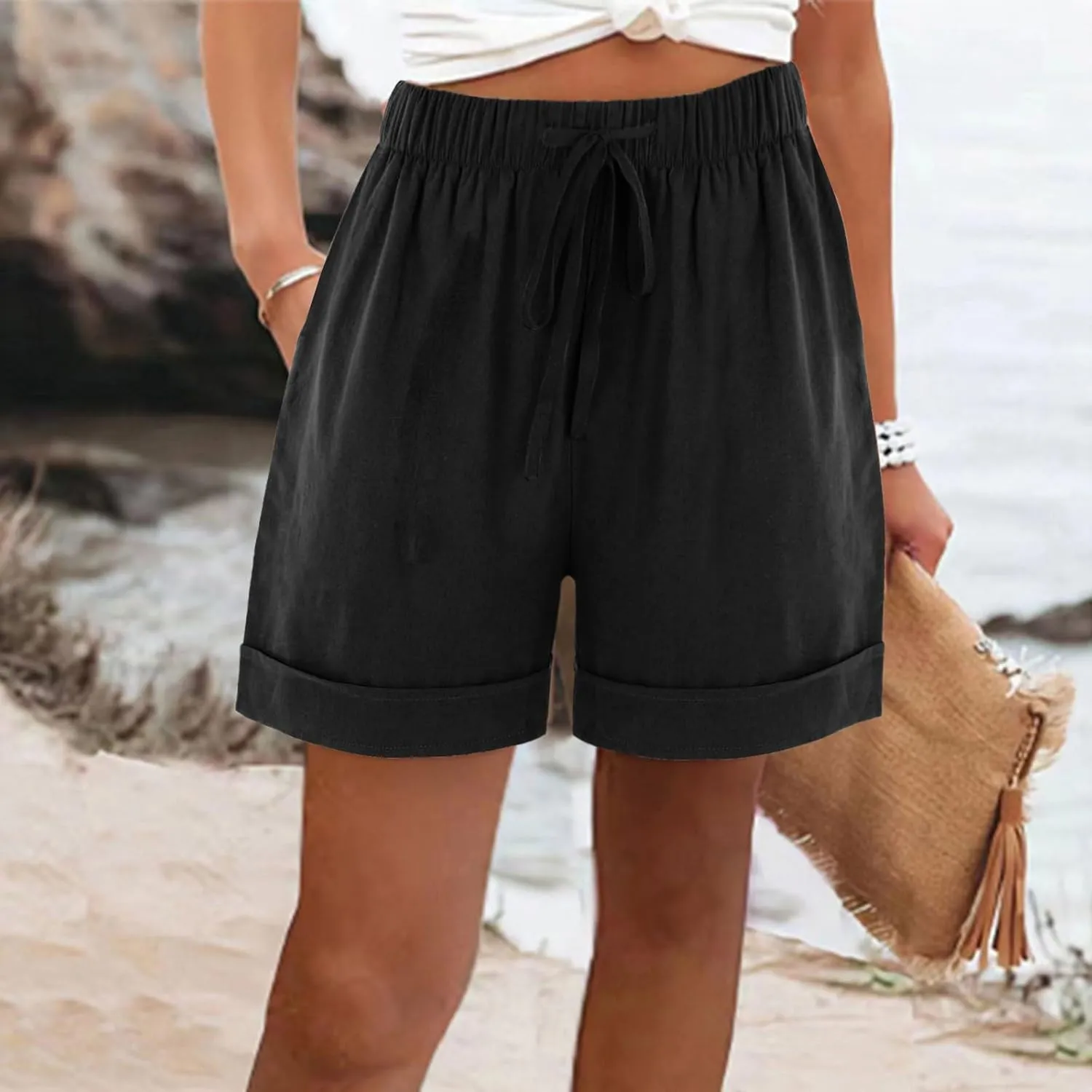 Linen Shorts for Women Summer Casual Drawstring Elastic Waist Lightweight Beach Vacation Lounge Shorts with Pockets