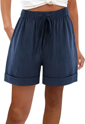 Linen Shorts for Women Summer Casual Drawstring Elastic Waist Lightweight Beach Vacation Lounge Shorts with Pockets